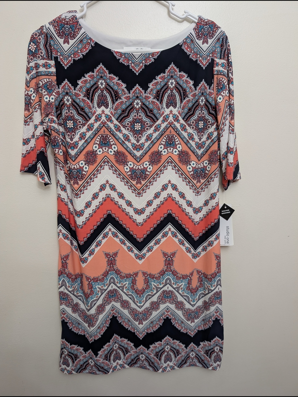 Studio One Coral, Navy & White Chevron Midi Dress Petite Medium NWT